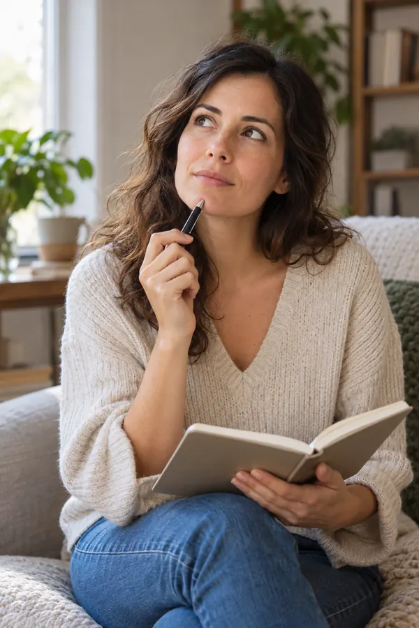 Mujer que reflexiona sobre sus preguntas antes de empezar terapia