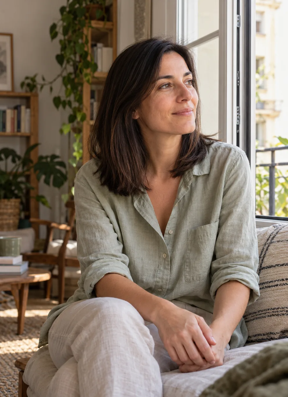 Una mujer disfruta de un momento de calma junto a una ventana