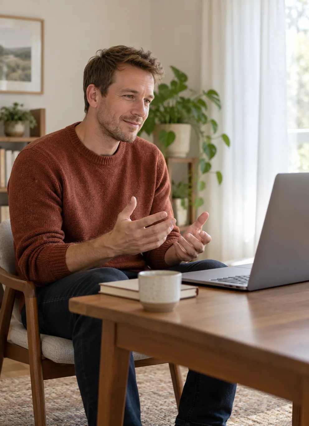 Un hombre conversa con atención durante una sesión de terapia online desde casa